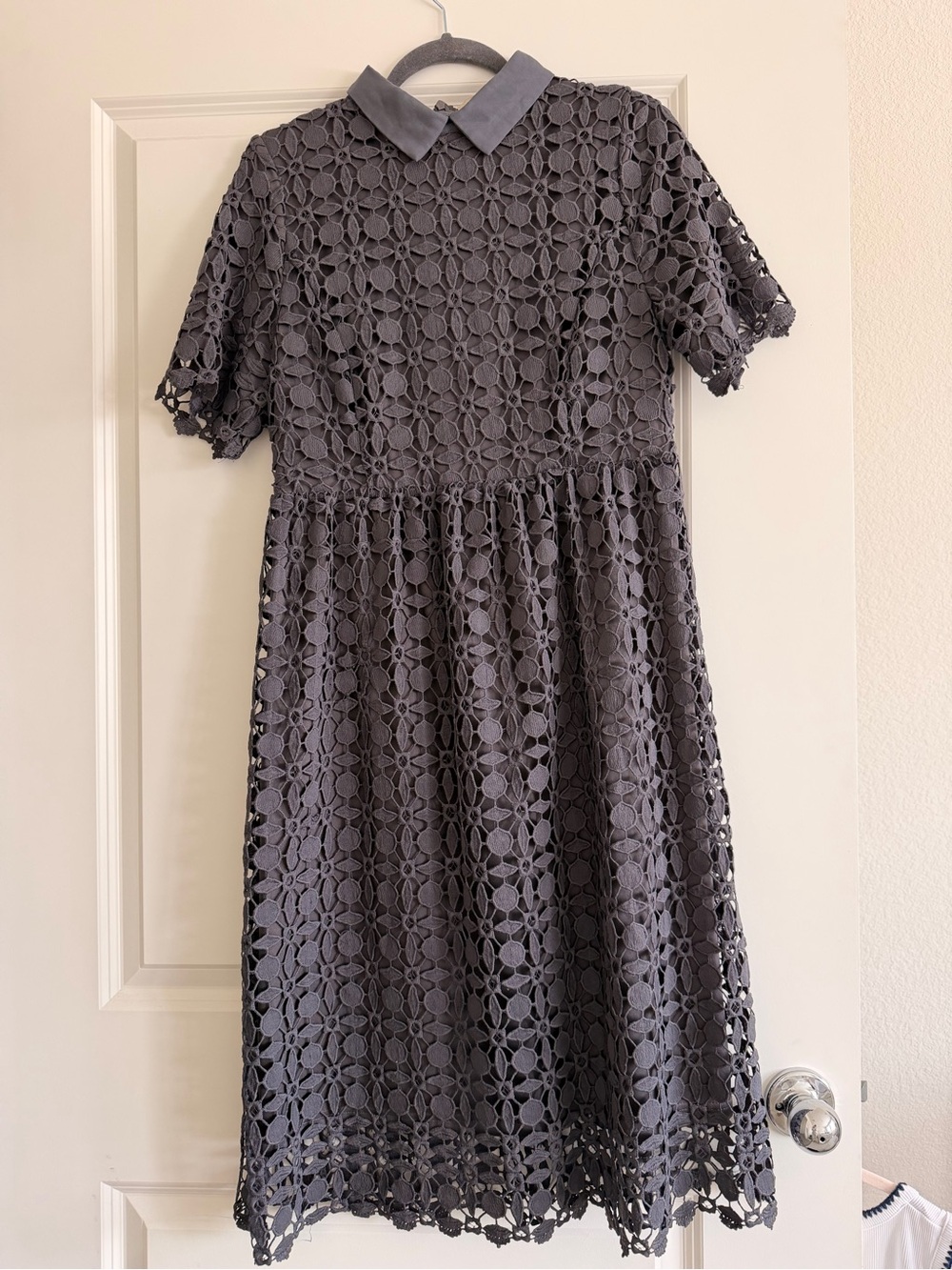 Polagram Gray Floral Lace Midi Dress with Peter Pan Collar